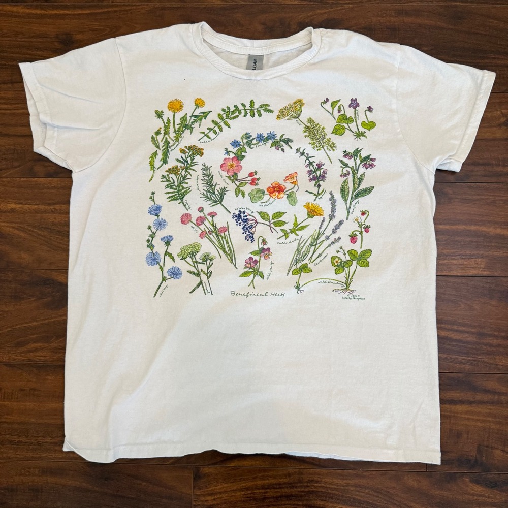 Liberty Graphics Beneficial Herbs Botanical White Cotton Graphic T-Shirt Medium
